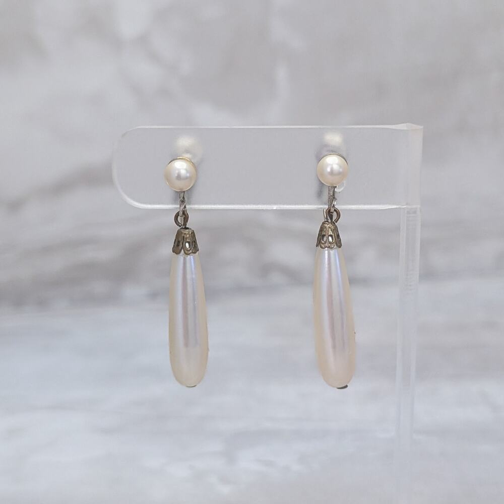 Vintage Clip On Earrings Faux Pearl Teardrop Earrings Large Dangle